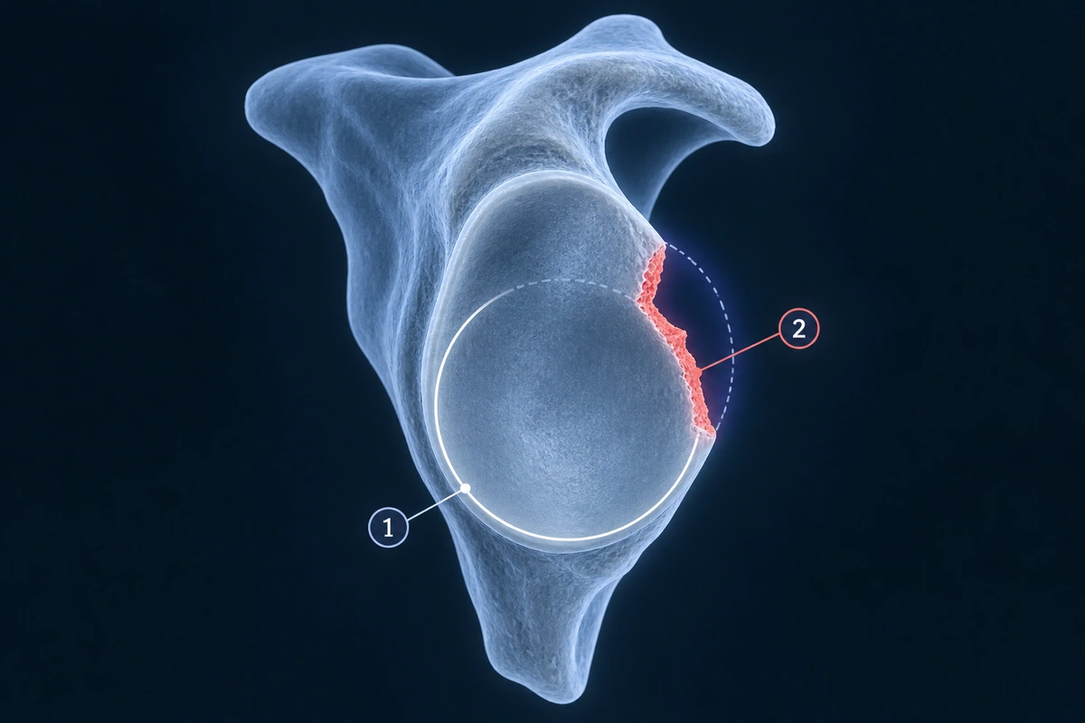 Glenoide em vista frontal com um círculo de melhor ajuste mostrando o osso anterior ausente, usado para quantificar a perda óssea glenoidal